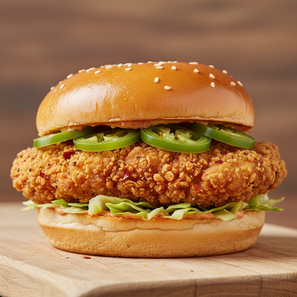 Spicy crispy chicken sandwich with jalapeños on toasted bun, bright food photography