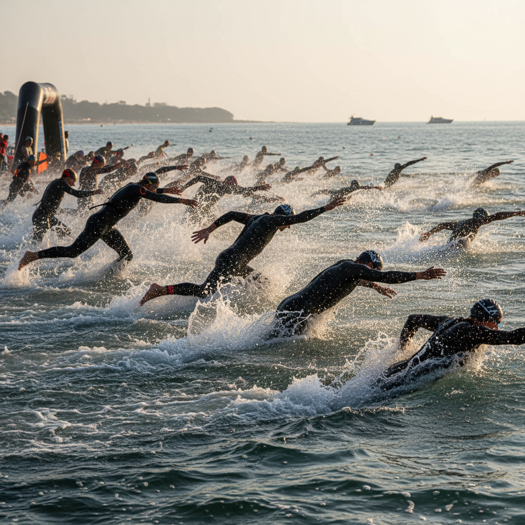 Triathlon mass swim start with athletes in wetsuits diving into open water, bubbles and churning limbs