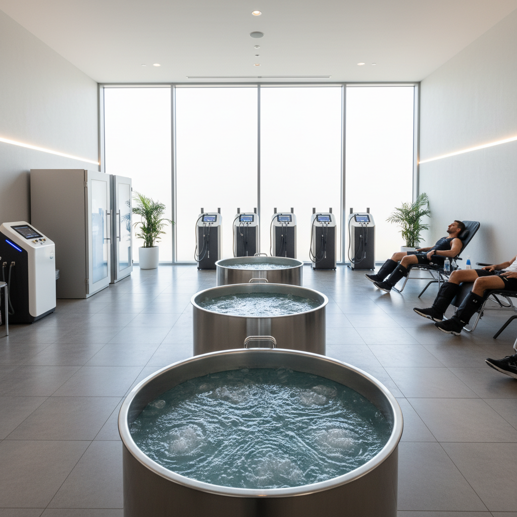 Modern athletic recovery room with ice bath tubs and compression therapy equipment