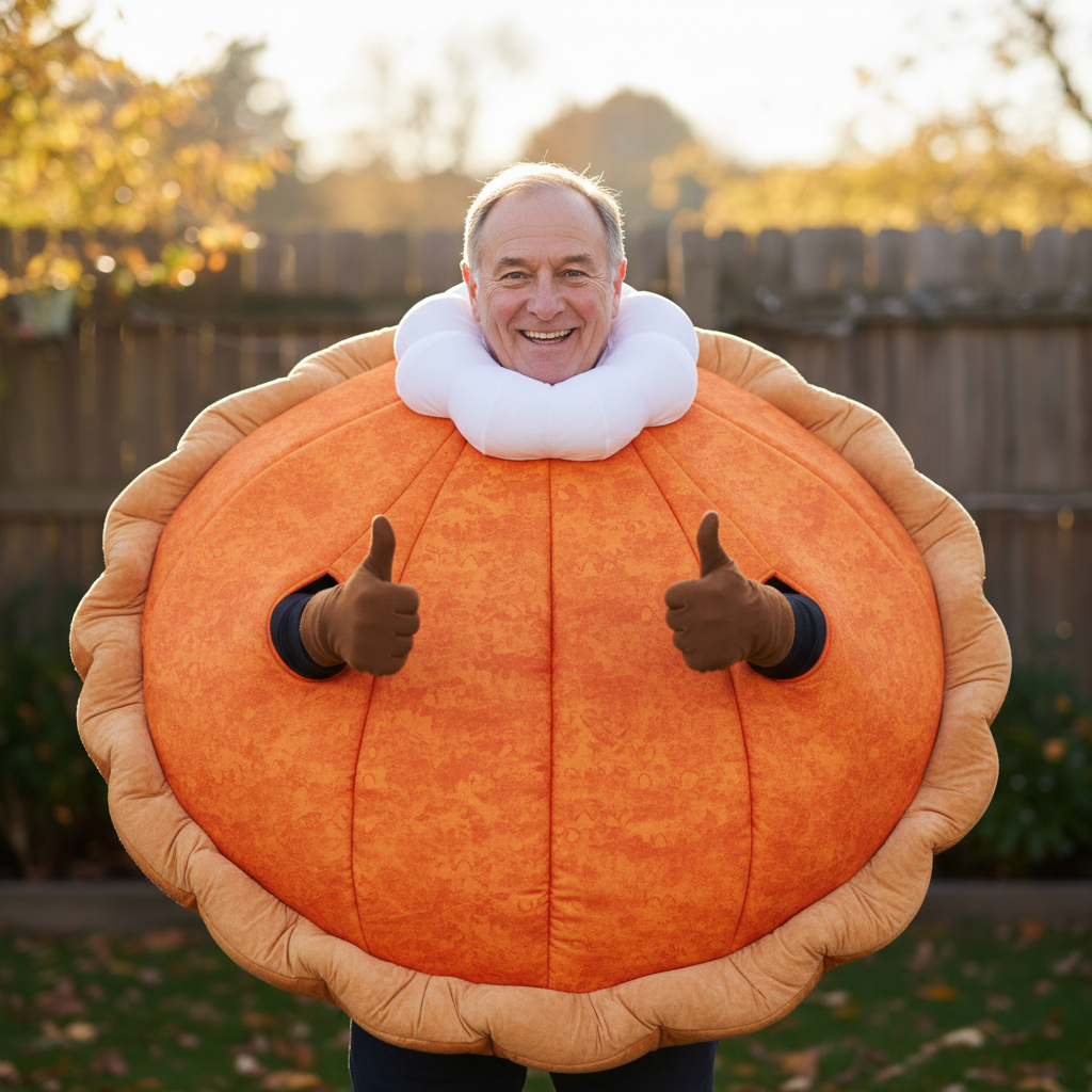 Uncle in full pumpkin pie costume giving thumbs up