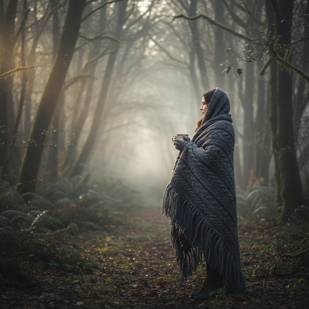 A parent standing in a misty forest, wrapped in a shawl, holding a warm mug, looking into the distance with quiet grief