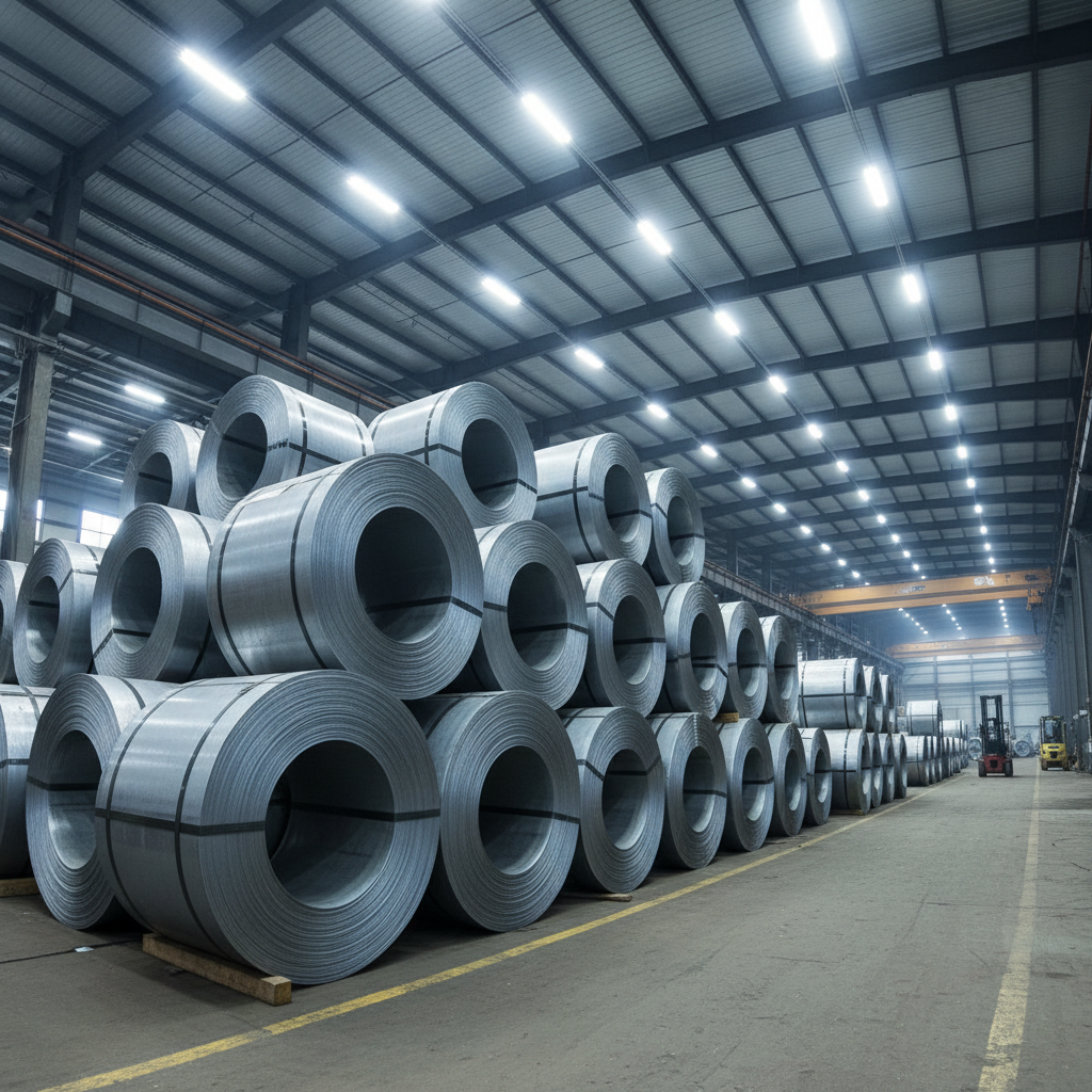Steel coils at an automotive steel processing facility — raw materials for vehicle manufacturing