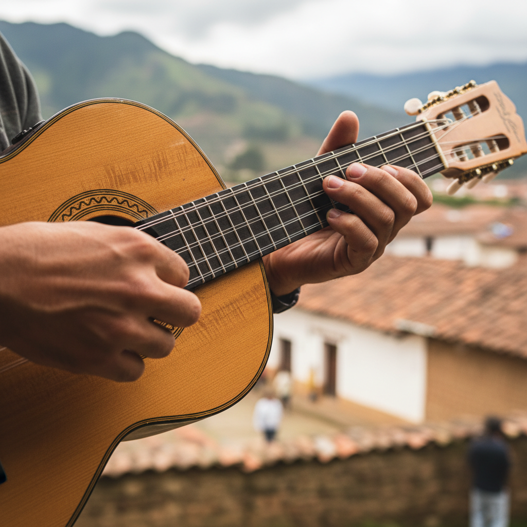 Primer plano de las cuerdas de un tiple colombiano tradicional siendo tocadas, tonos cálidos de madera, fondo suave de bokeh de un pueblo andino