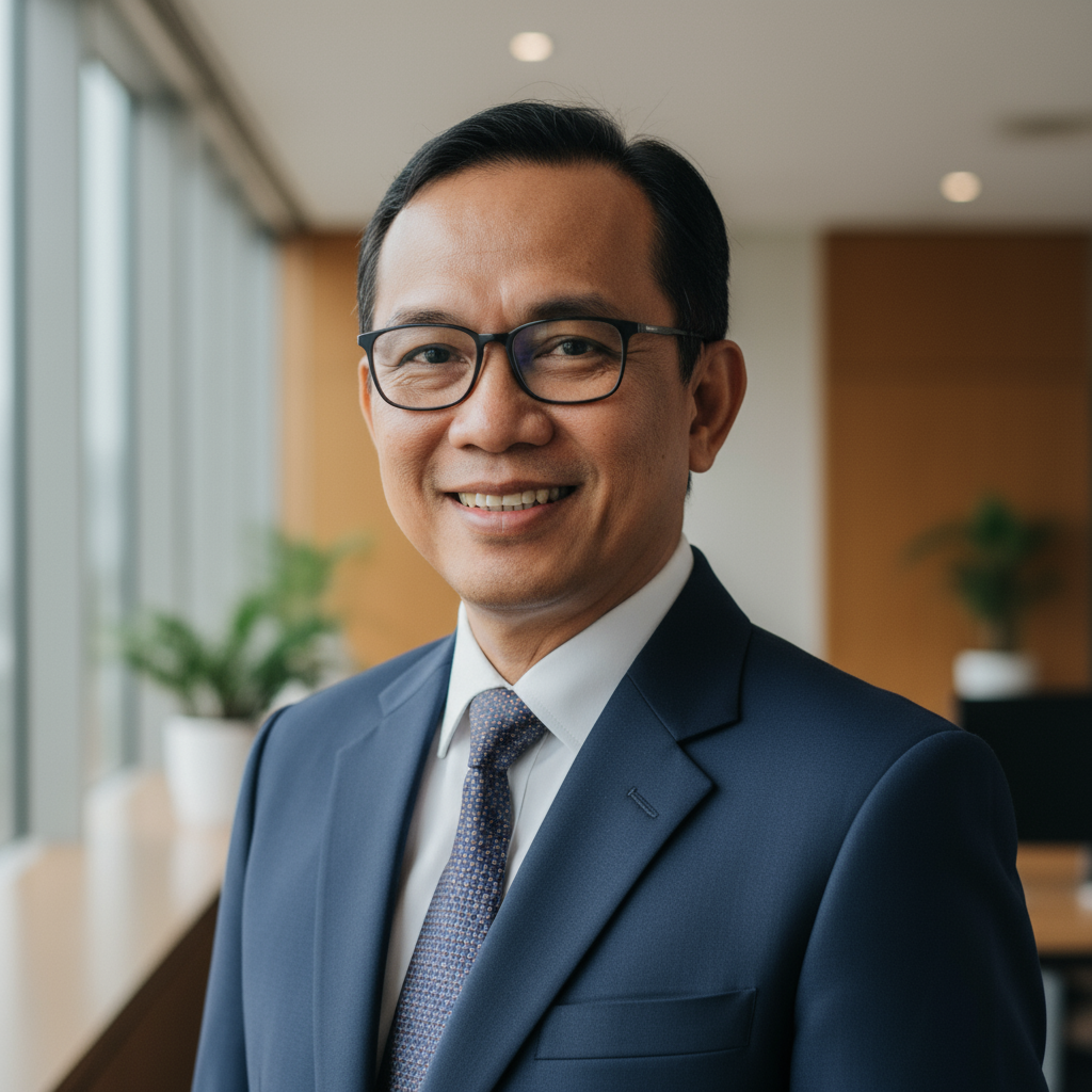 Pria Indonesia usia 40 tahun dengan penampilan eksekutif pada latar abu-abu terang