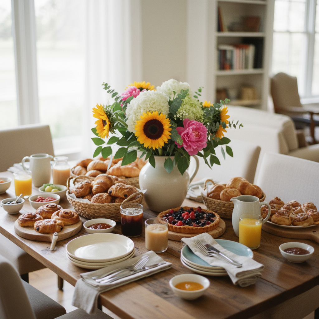 Bright Sunday brunch spread with pastries, coffee and fresh flowers in soft pastel colors