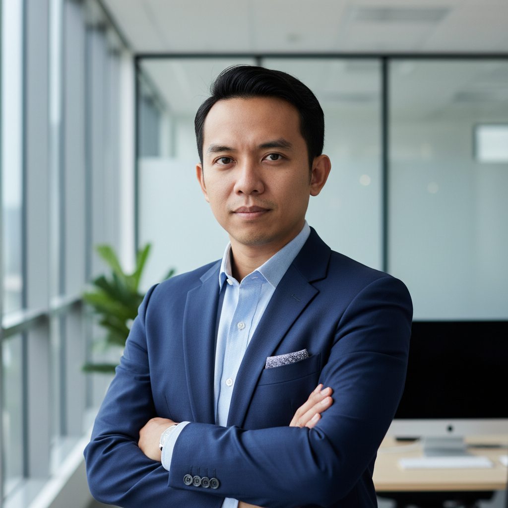 Asian man in glasses and dark suit with arms crossed in technology facility