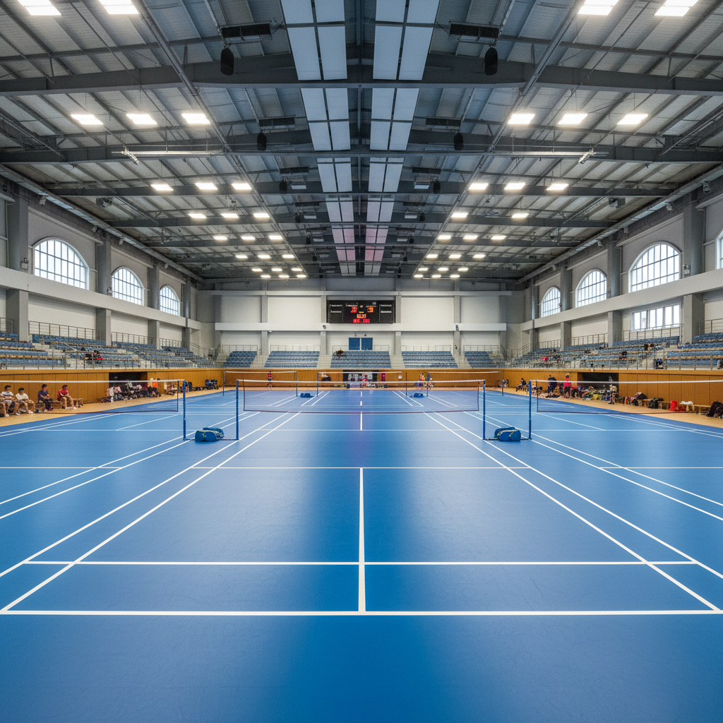 Indoor badminton court with red PVC flooring and medium LED lighting