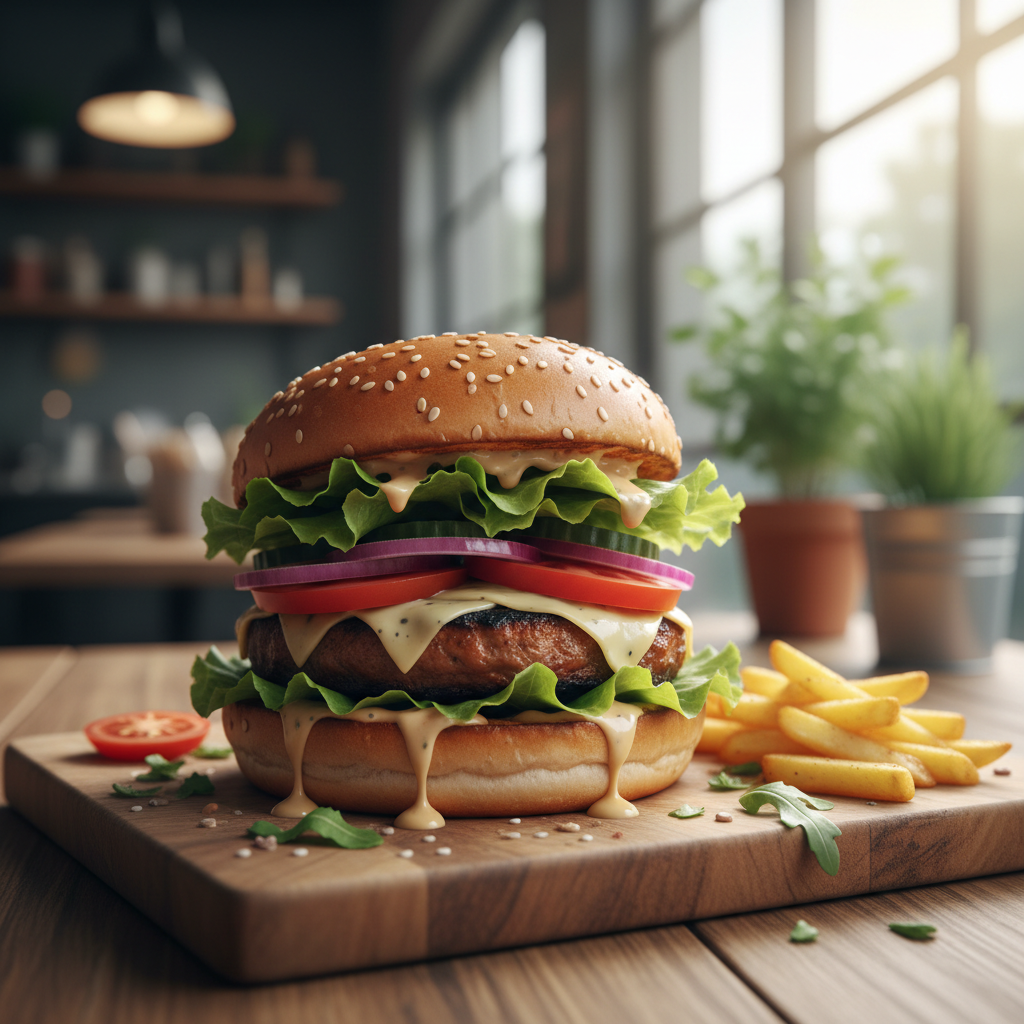 Craft burger with fresh vegetables and golden fries on a wooden board