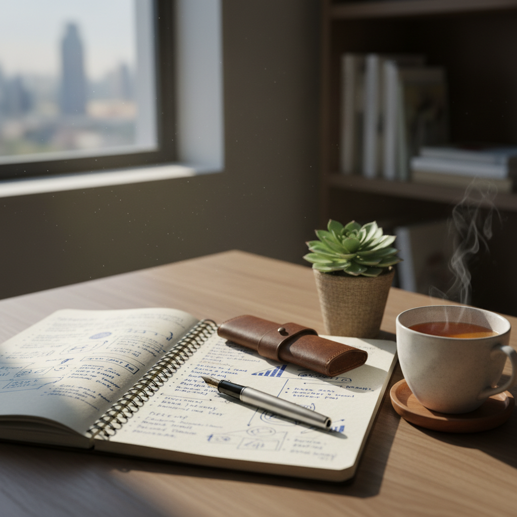 Open notebook with handwritten strategy notes beside a cup of tea and small succulent plant