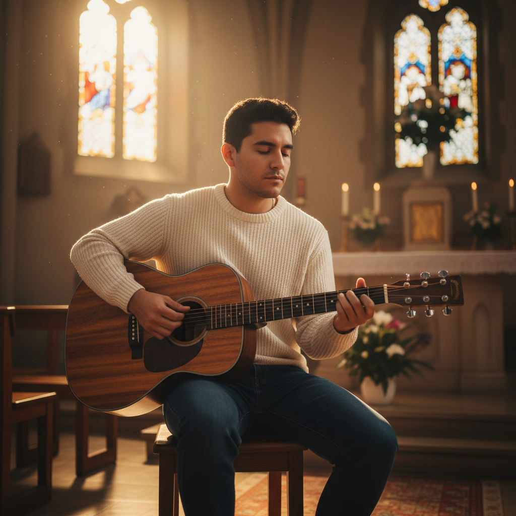 Musician playing guitar in a church setting, warm natural light