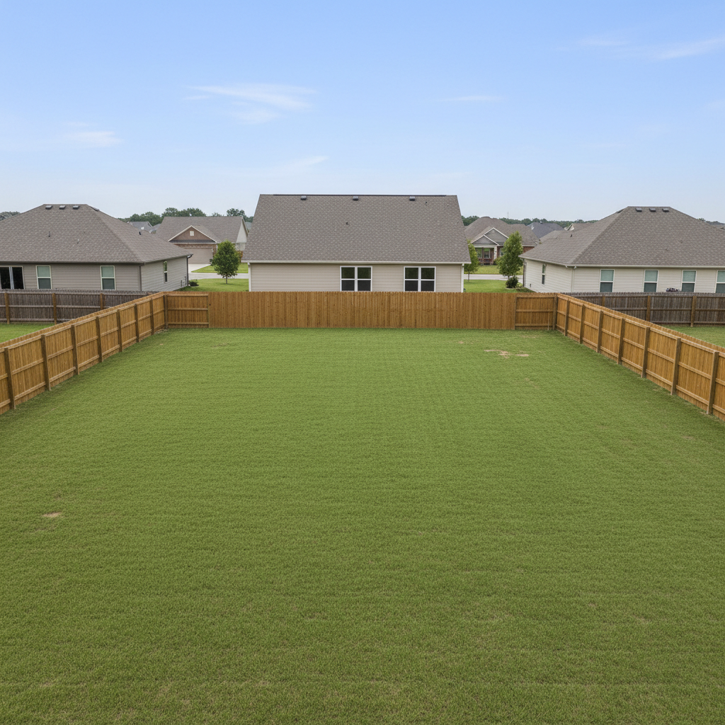 Drone photograph of a flat featureless suburban backyard covered in builder-grade Kentucky bluegrass with no trees, no definition, and visible soil compaction patches