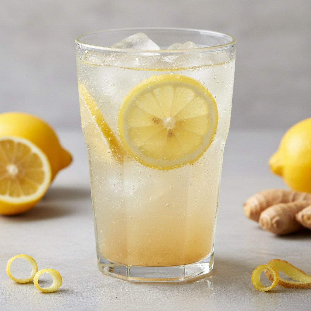 Fresh ginger lemon juice in a tall glass with ice
