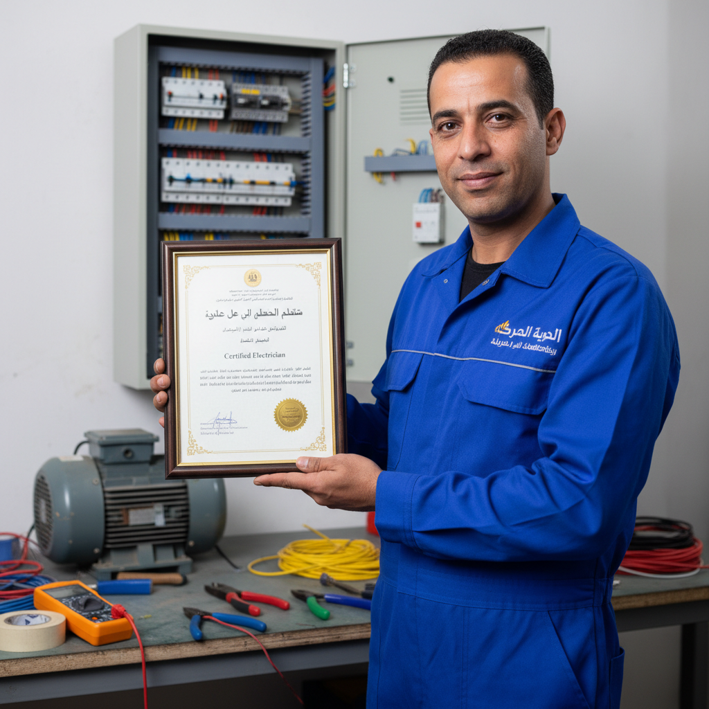 Confident Omani electrician in work uniform standing in front of completed installation, warm professional lighting, satisfied expression