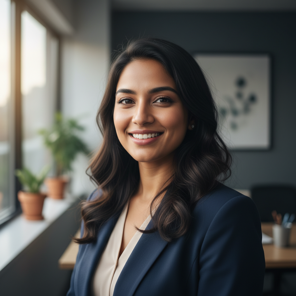 Professional Indian woman in corporate attire, confident business headshot