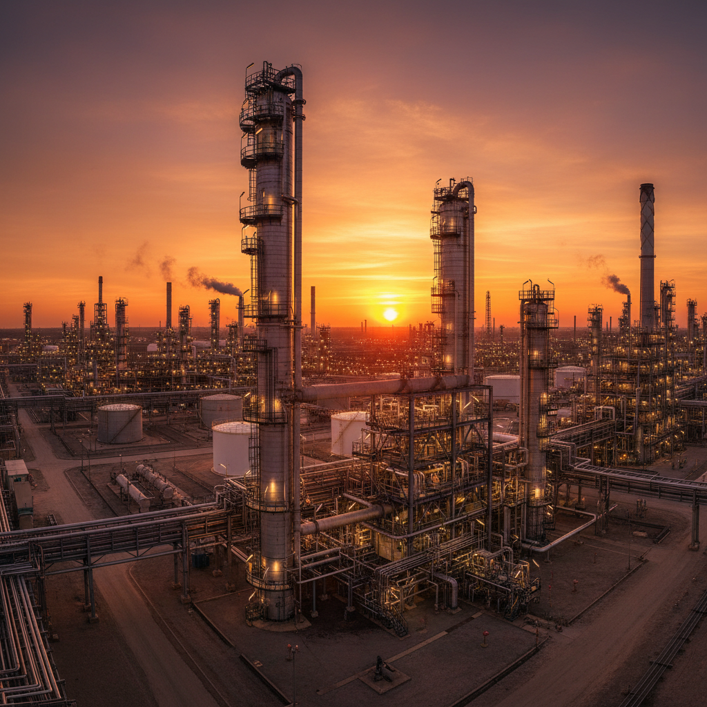 Oil refinery industrial plant at sunset with pipelines and towers, warm orange sky
