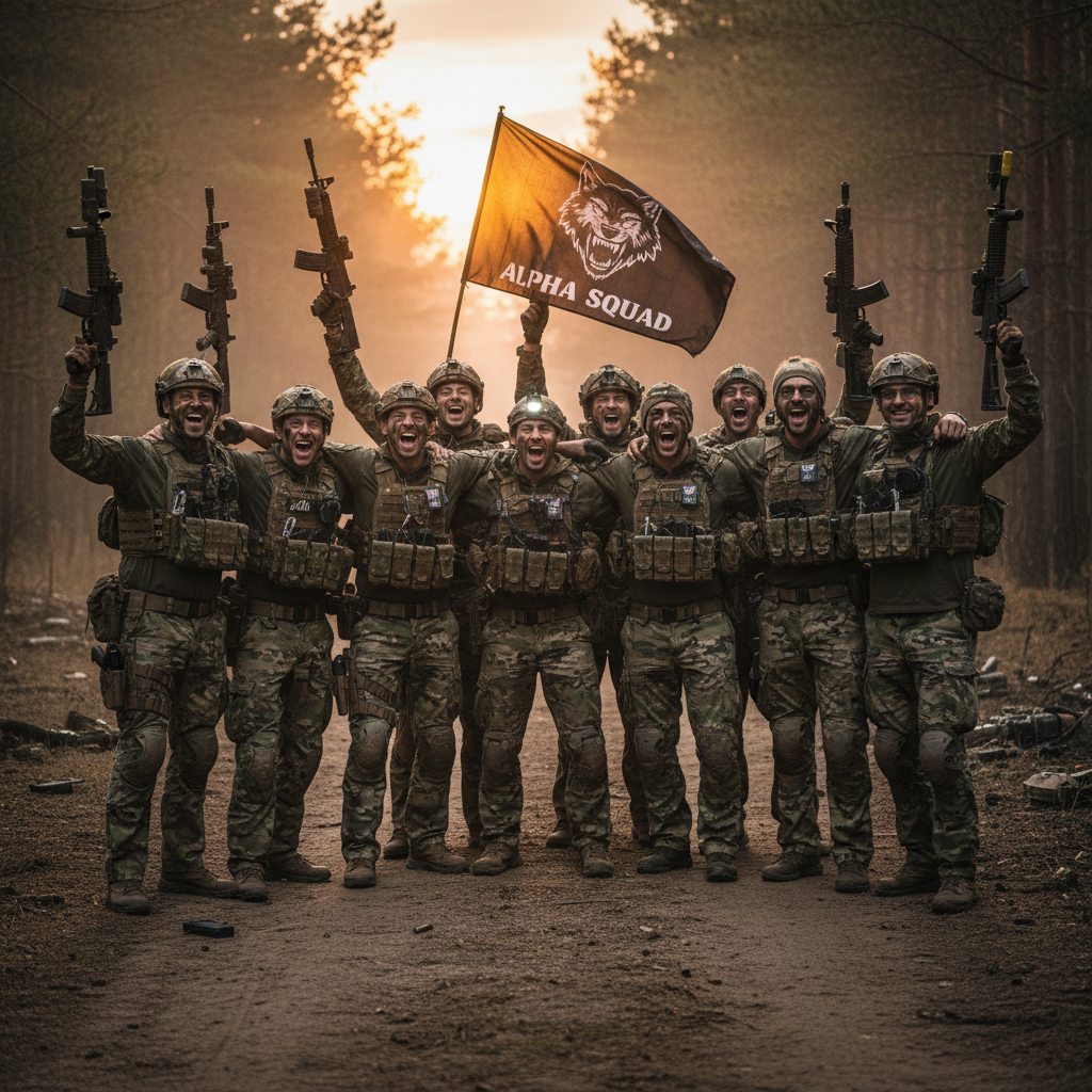 Airsoft team celebrating victory after operation, dark outdoor environment, team cohesion and brotherhood moment