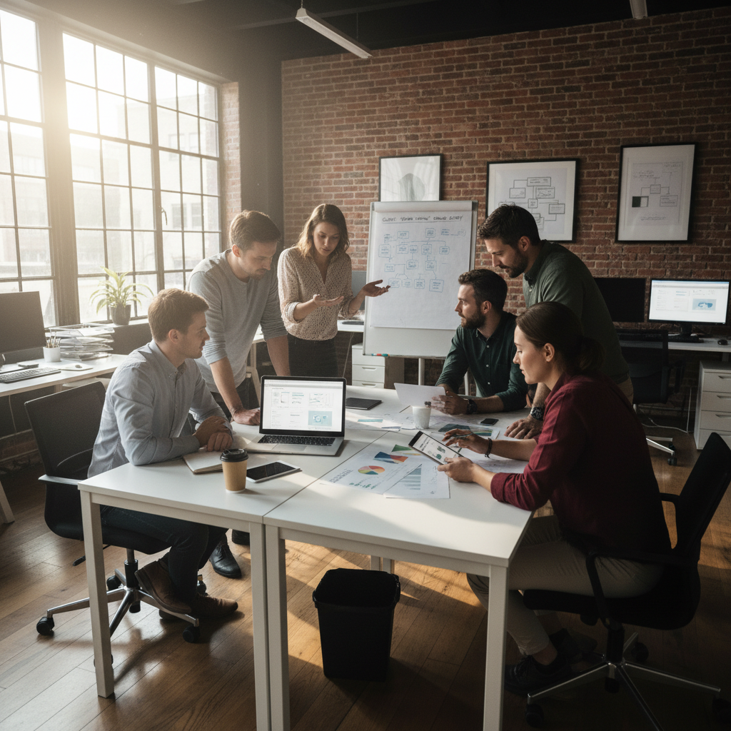 Diverse group of professionals in business attire collaborating around a conference table