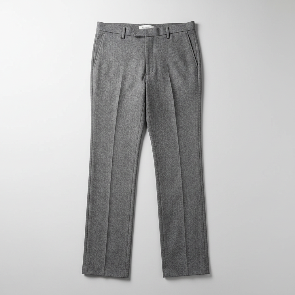 Charcoal gray slim-fit golf trousers product shot, premium fabric texture visible