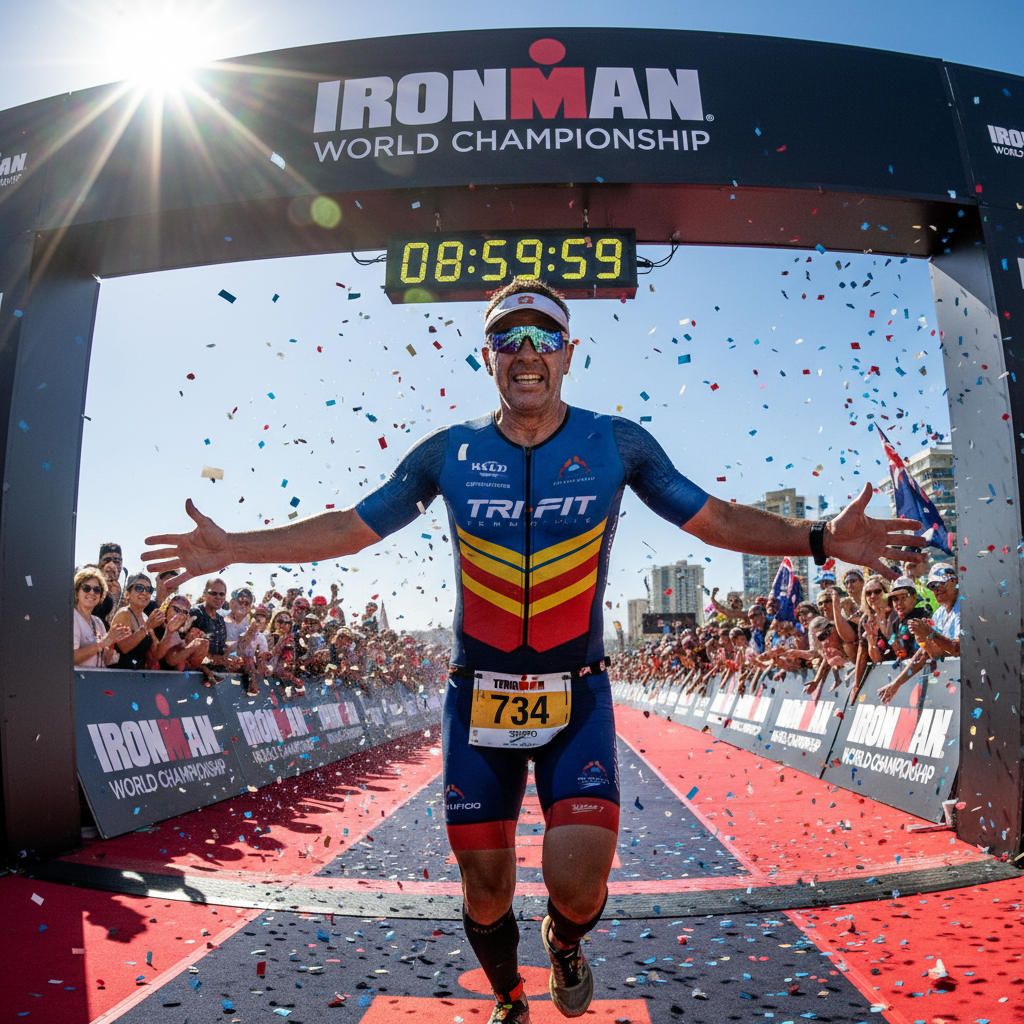 Daniel Okonkwo, 47-year-old VP, in triathlon race gear crossing finish line with strong form