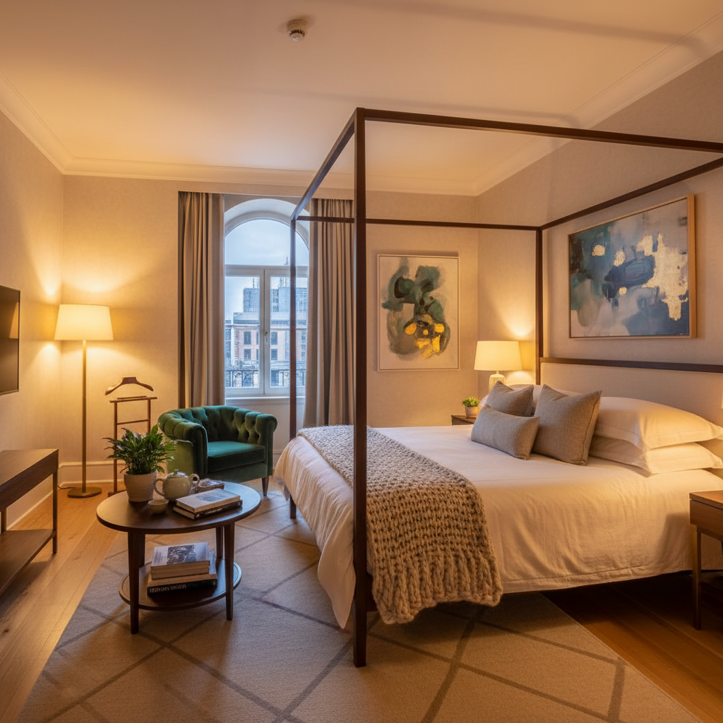 Boutique hotel room — warm lifestyle photography