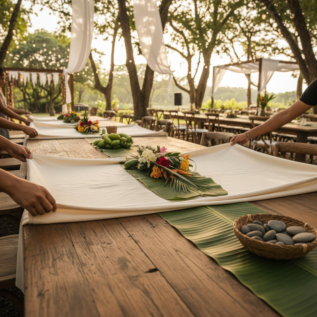 Long wooden tables being laid with cream linen cloths and fresh banana leaf runners for a ceremony
