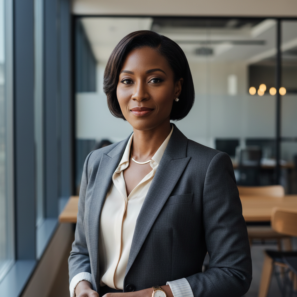 Professional African American woman CFO in business attire with confident expression