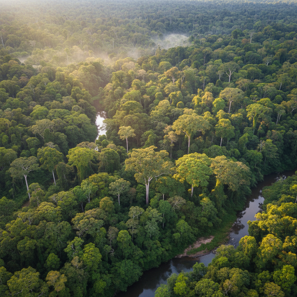 Aerial view of lush green Dominica rainforest mountains and valleys with misty morning atmosphere and bright sky