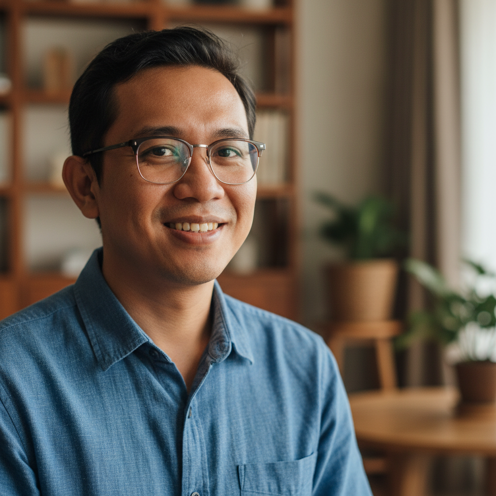 Indonesian man in casual shirt smiling at camera outdoors