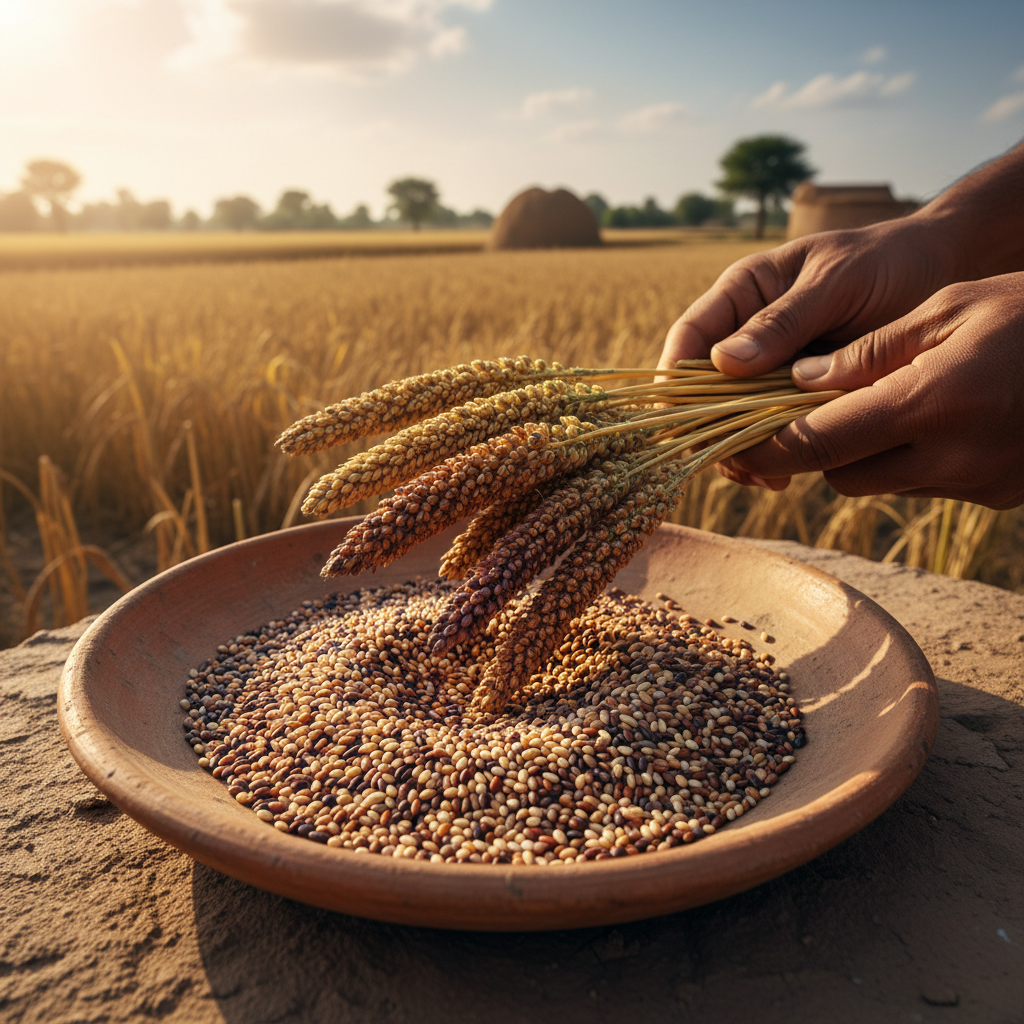 Close-up of finger millet grains, healthy nutritious grain crop