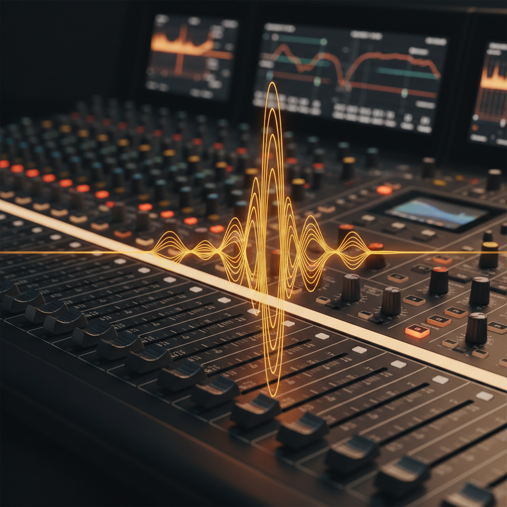 Professional sound designer at mixing console with dramatic studio lighting and audio waveforms