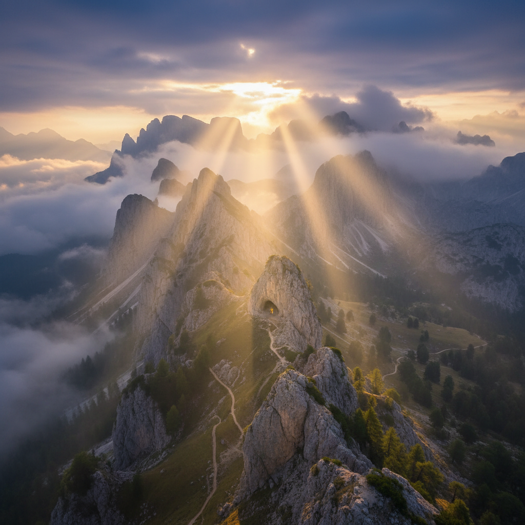 Golden sunlight breaking through clouds, representing praise and worship