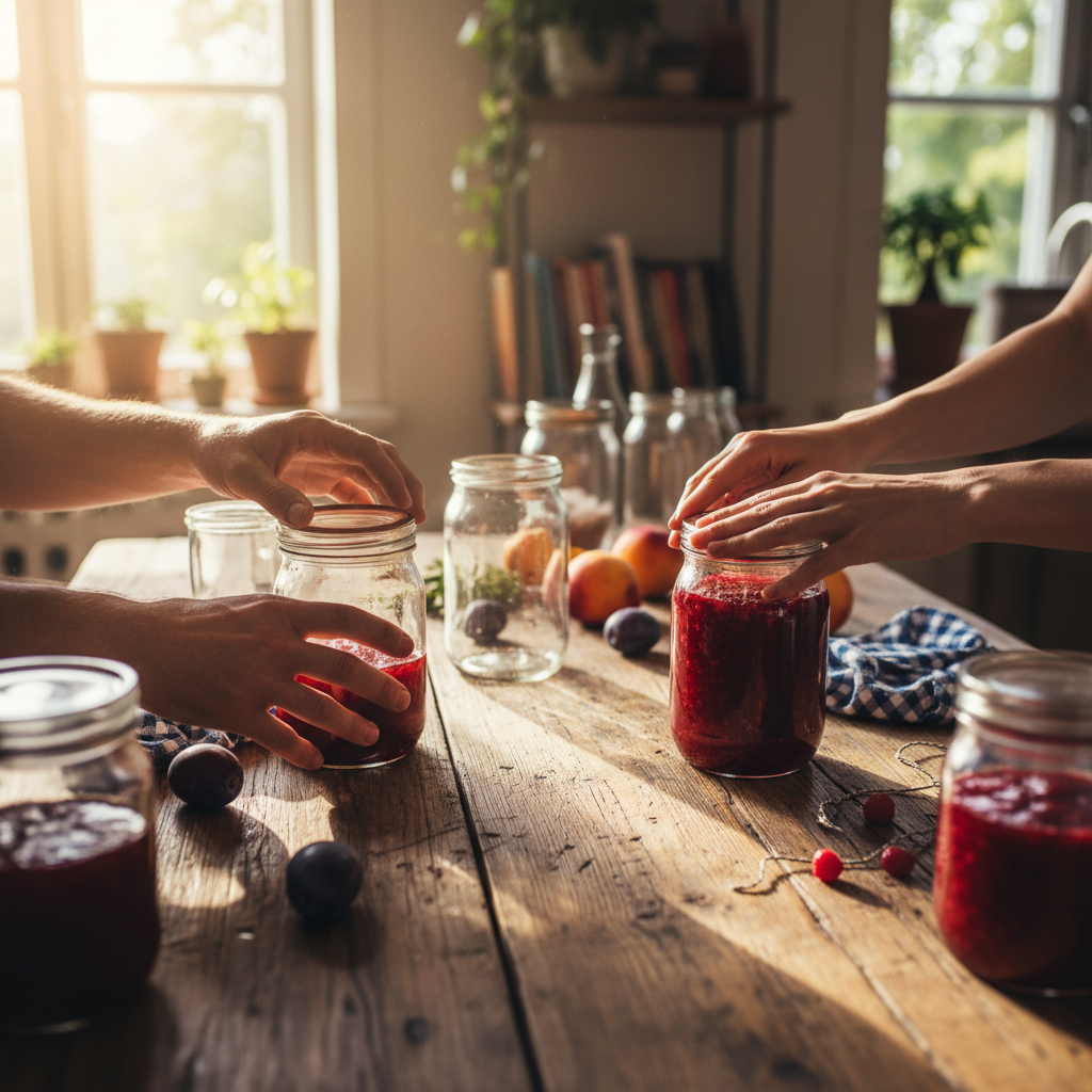 Rows of colorful artisanal jam jars with handwritten labels on a rustic wooden shelf