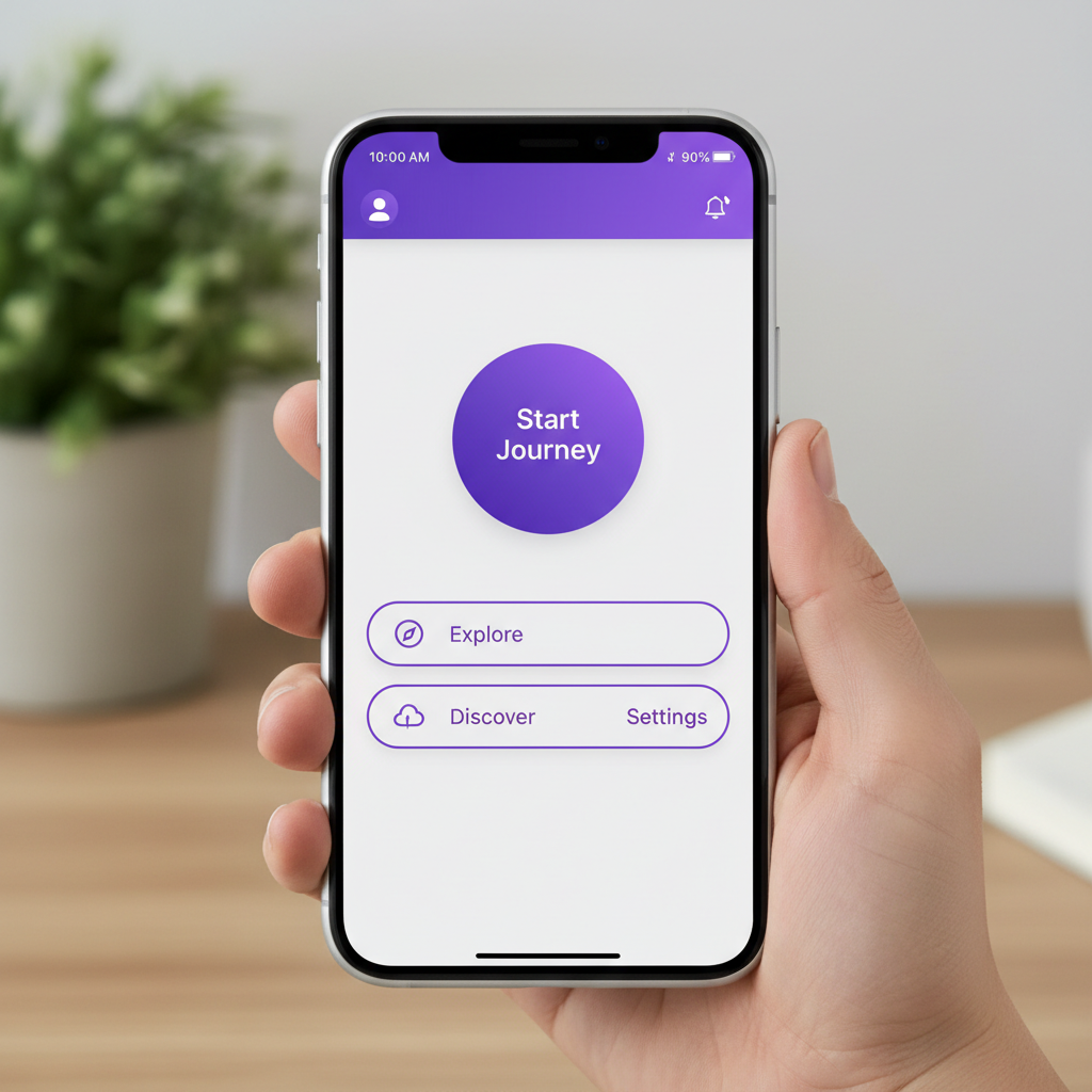 Sleek mobile app interface with dark theme and purple UI elements on smartphone screen