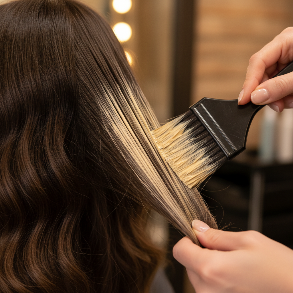 Hair colorist applying balayage highlights to long hair, bright studio lighting, warm tones