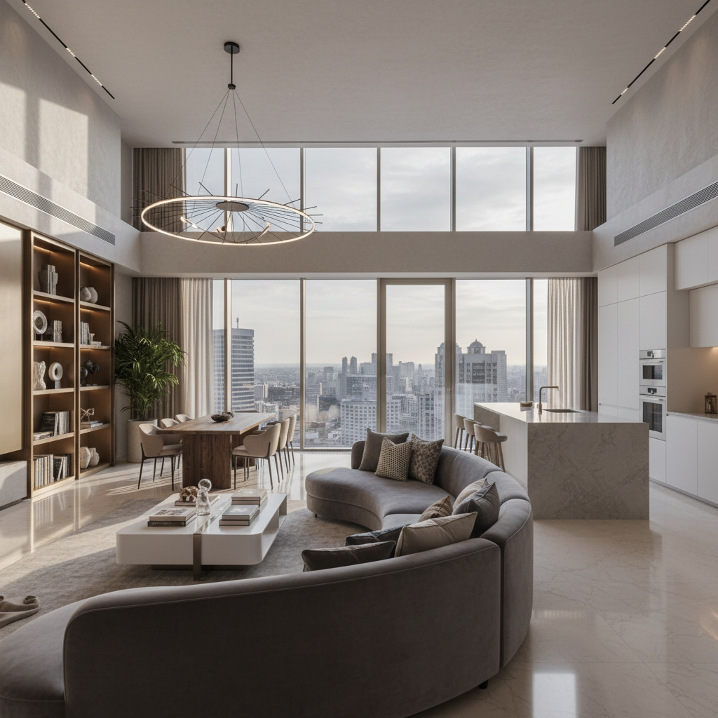 Nestora Interiors premium living space design with warm lighting and elegant furnishings in Gurugram