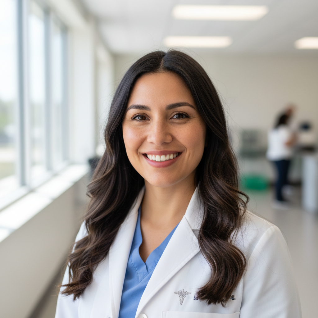 Hispanic woman with long dark hair in white medical coat smiling warmly