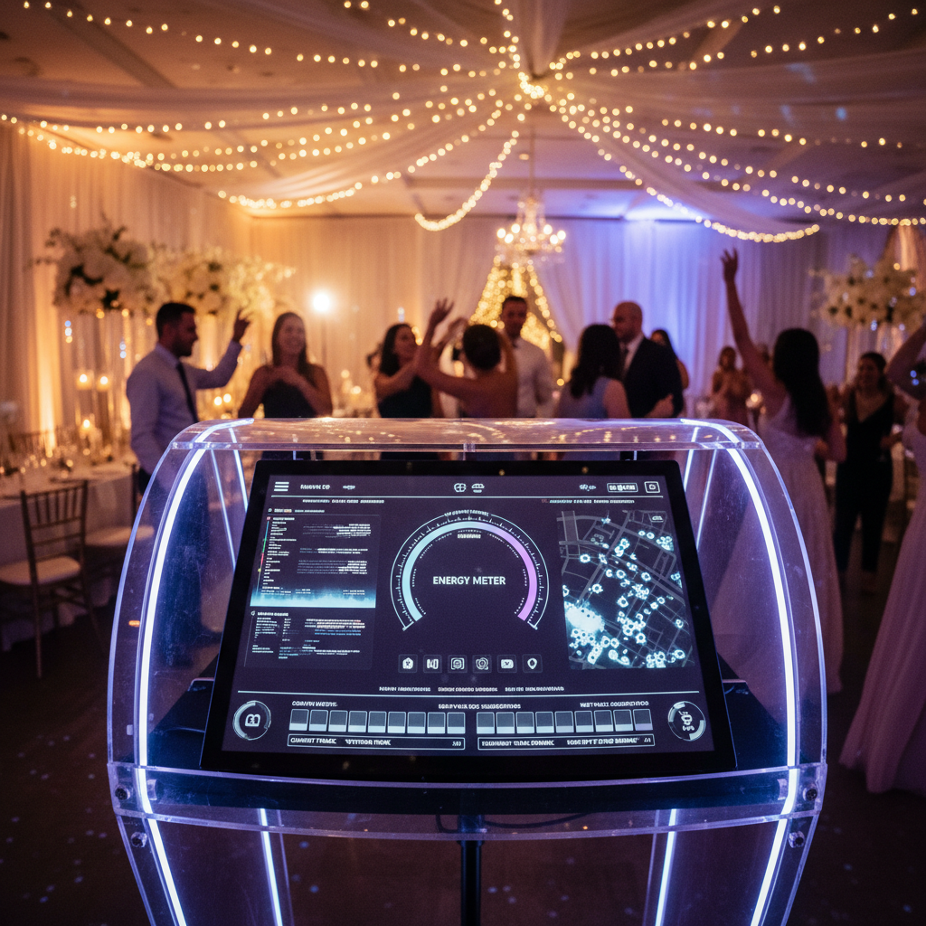 KiKi AI DJ system analyzing crowd energy at a wedding reception with real-time music adaptation interface overlay