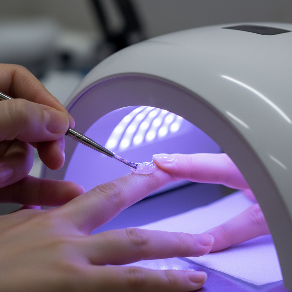 Studio technician applying gel base coat under UV lamp