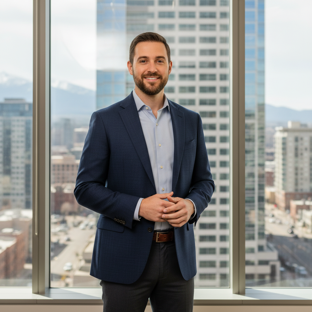 Man in business casual attire, Denver office building background