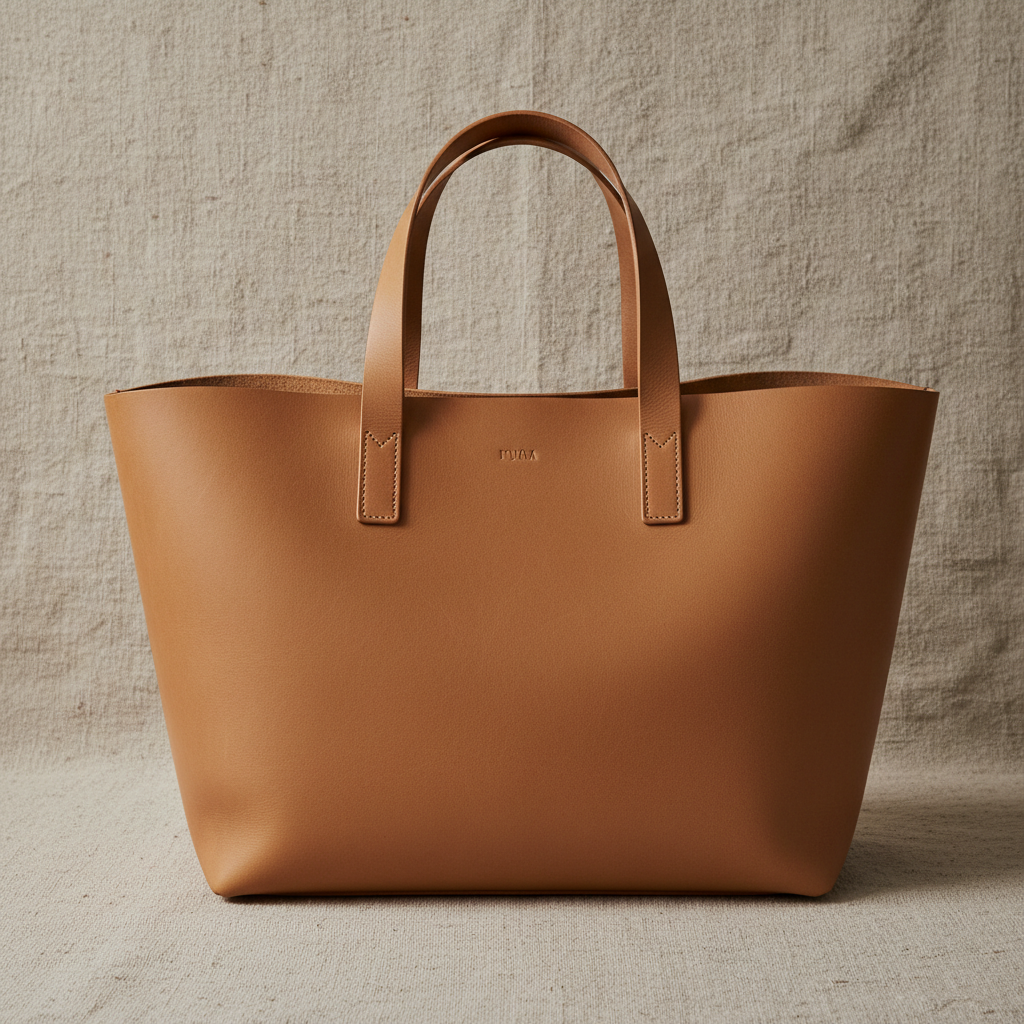 Structured tan leather tote bag on white background, showing hand-stitched seams and natural leather grain