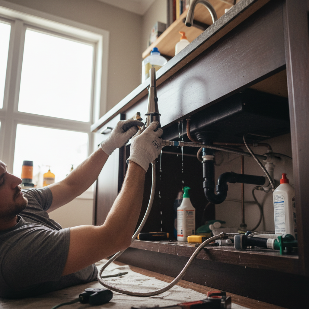 Plumber replacing kitchen faucet under sink in a residential unit