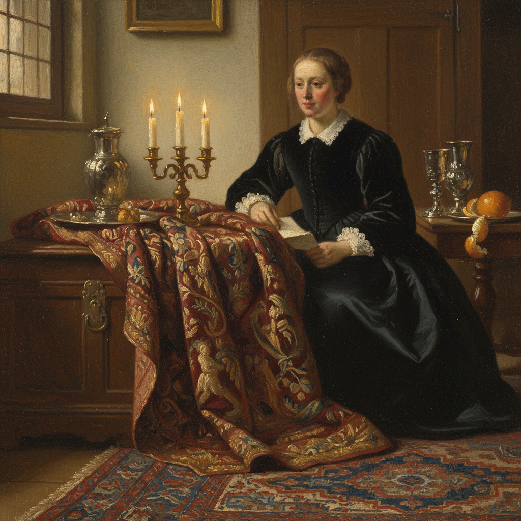 Old Master oil painting of Dutch interior scene in ornate gilded frame in auction house setting