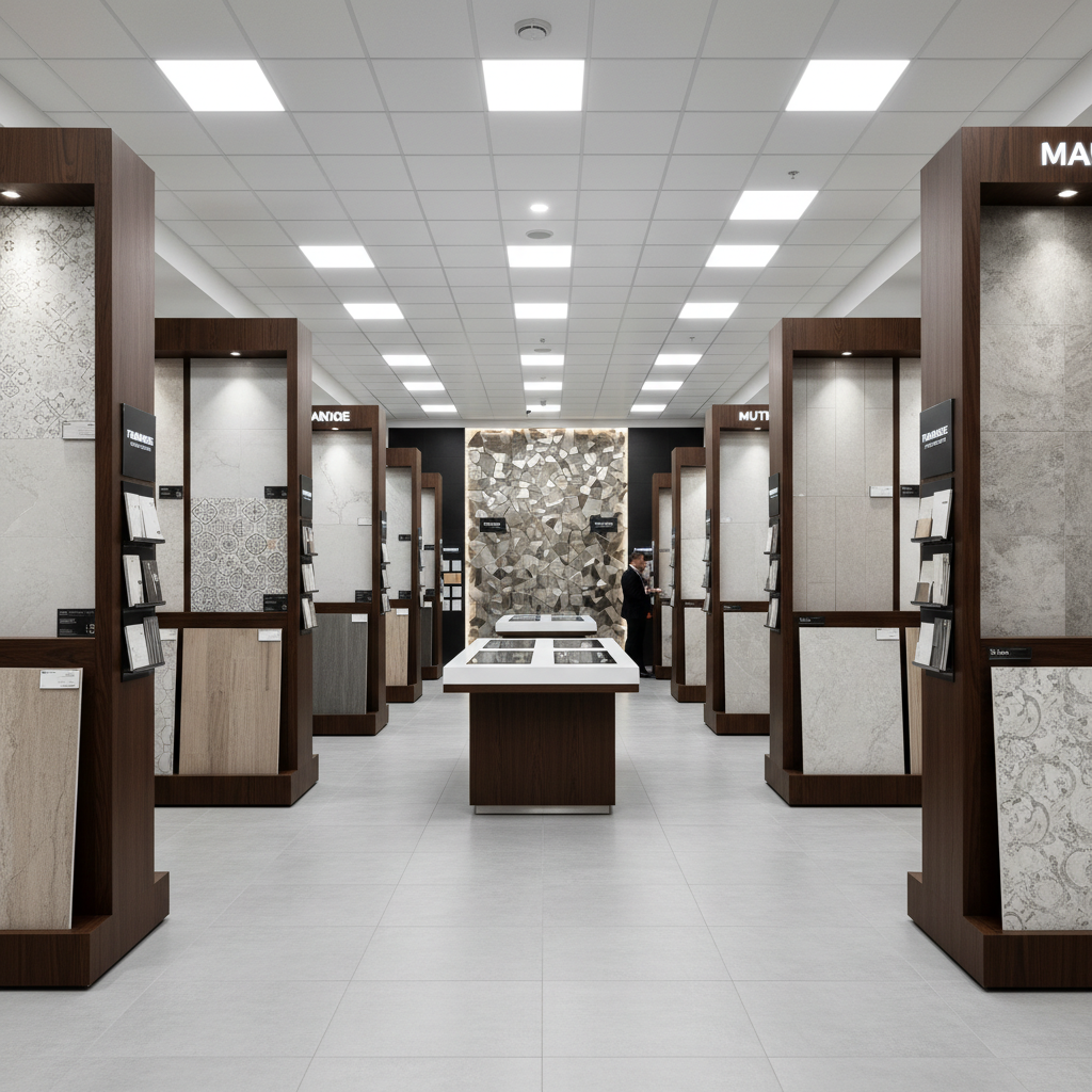 Modern tile showroom interior with clean bright display walls and professional lighting showing tile collections