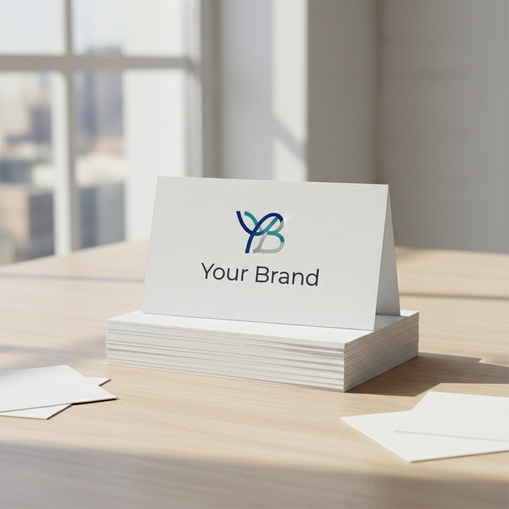 Logo design concepts displayed on clean white cards in bright natural light