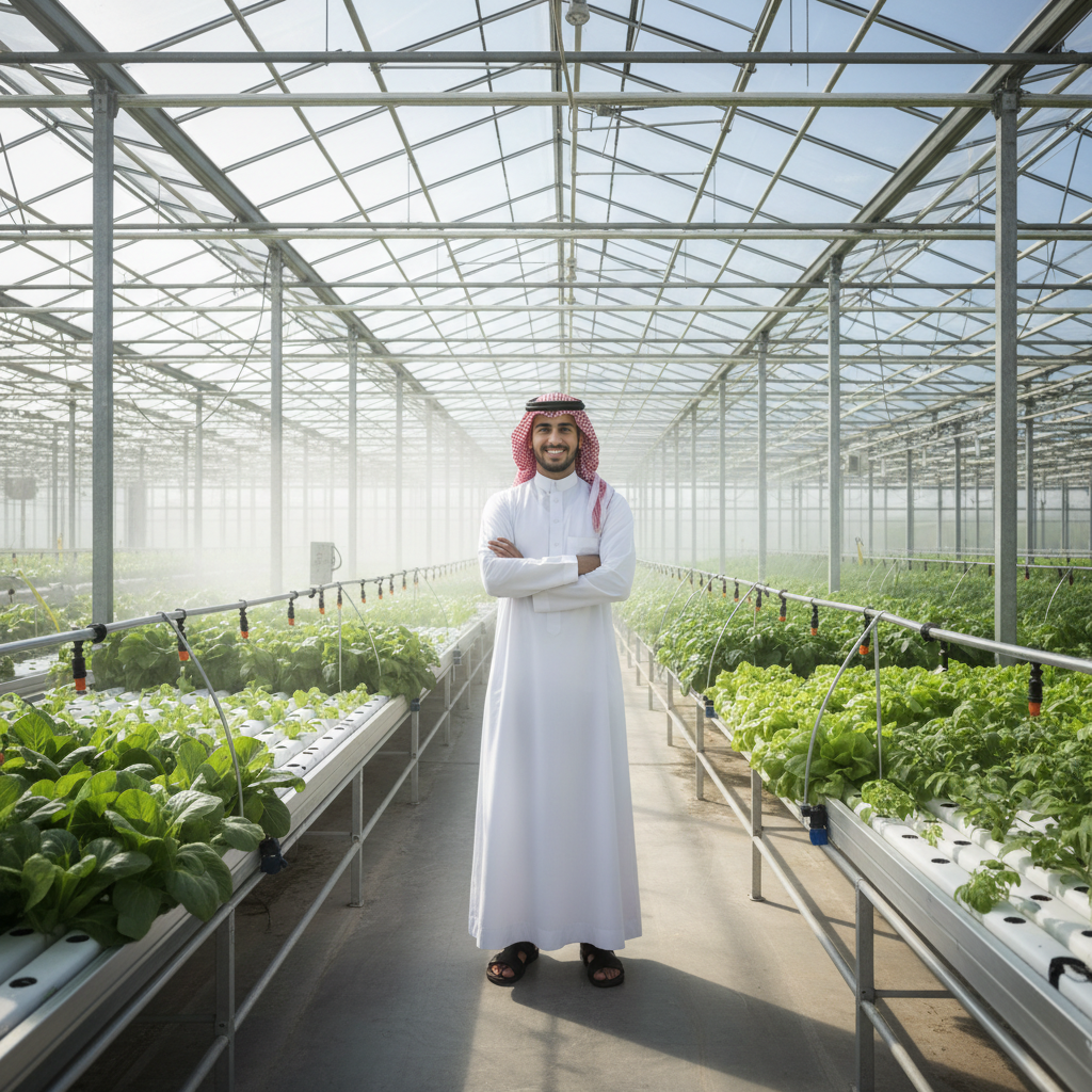 حقول زراعية خضراء واسعة مع أنظمة ري منظمة في الصحراء السعودية تحت ضوء الشمس