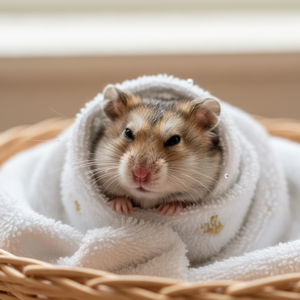 Customer photo of Peanut dwarf hamster wrapped in tiny towel after bath