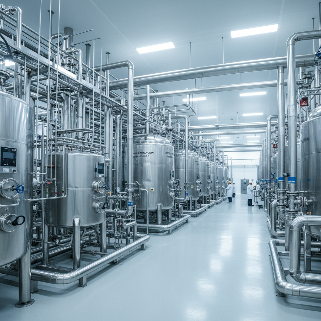 Chemical processing plant with industrial pipelines, bright well-lit facility, clean industrial environment