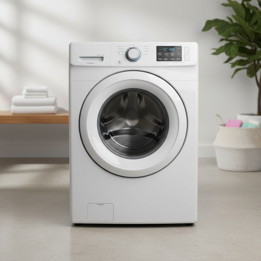 White front loading washing machine in bright laundry room