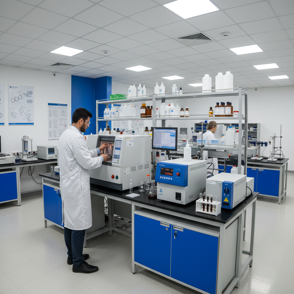 Marine fuel testing laboratory with XRF analyser and sulphur content measurement equipment