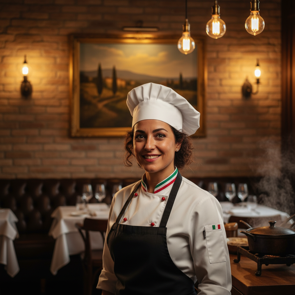 Italian woman chef with passionate expression in elegant restaurant setting